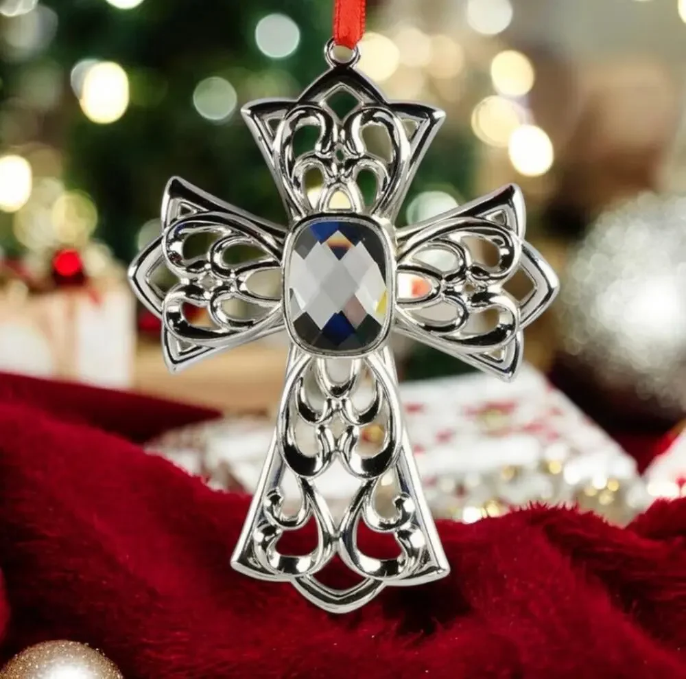 Lenox Gemmed Bejeweled Cross Ornament Crystal Center Silverplate Housewarming